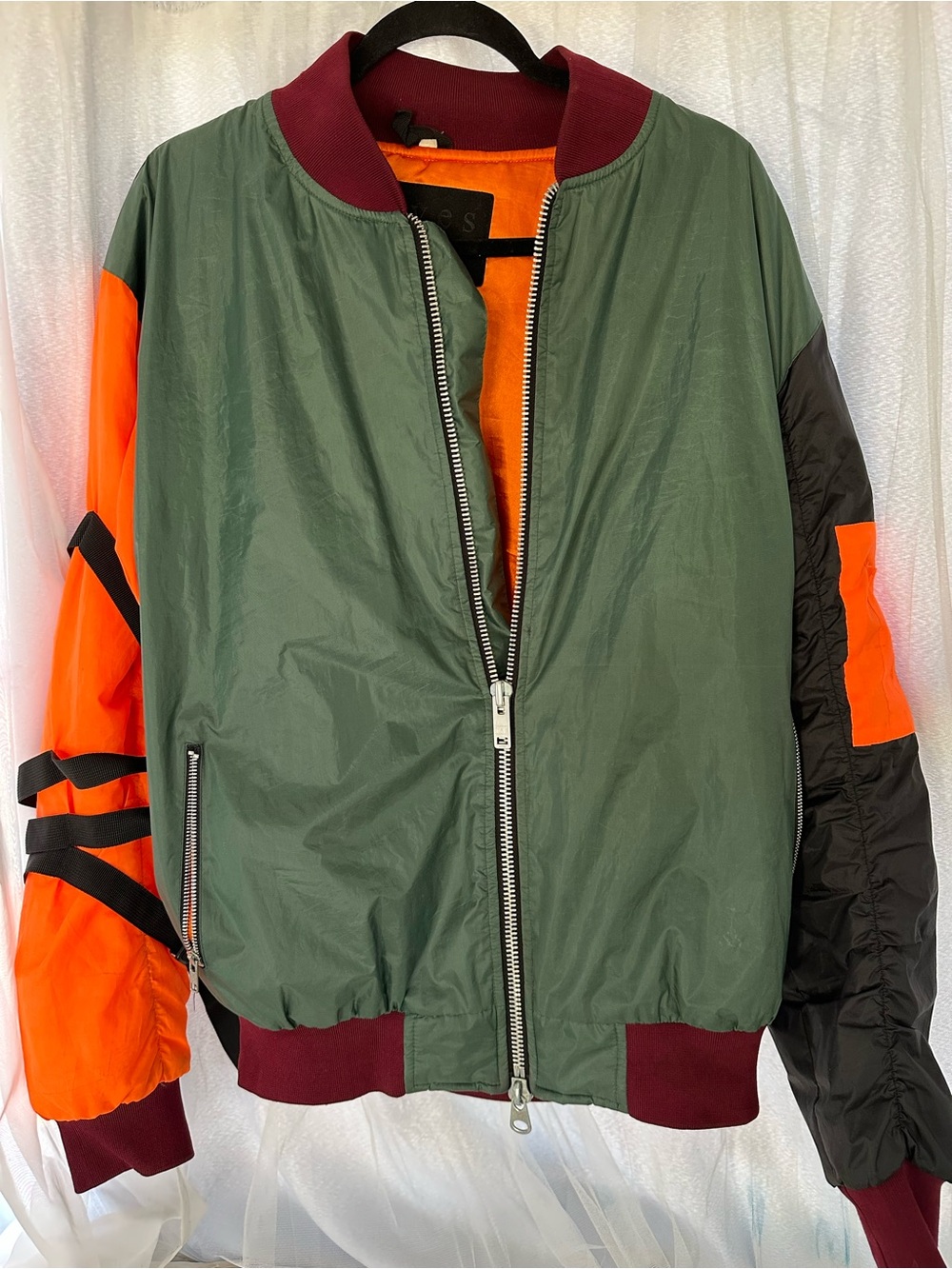 Vintage Reves Colorblock Olive Green & Orange Bomber Jacket with Maroon Trim